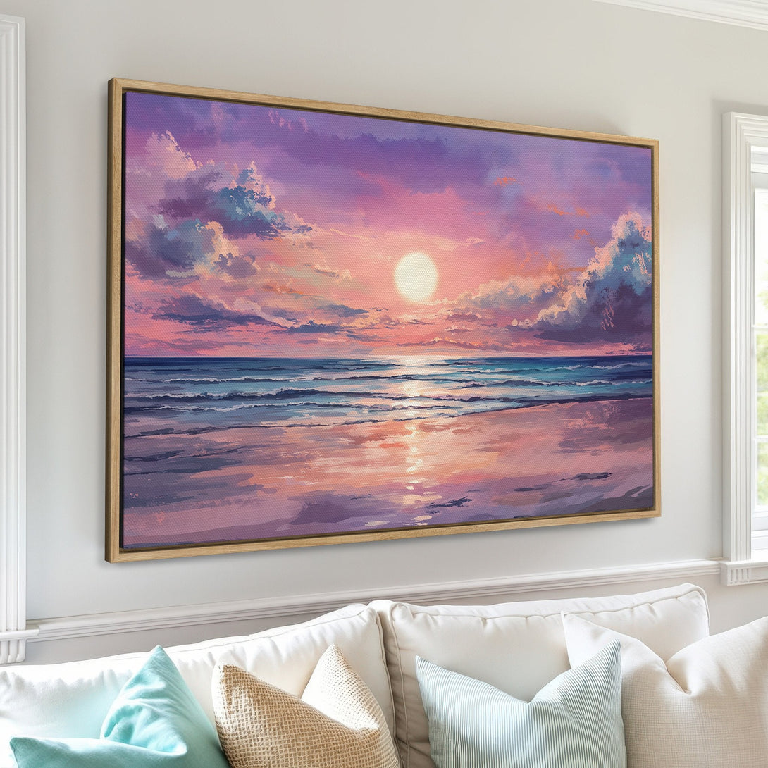 Framed Wall Art: Sunset beach scene in a dreamy, impressionistic style. Featuring a vibrant purple, pink, and blue color palette. Perfect for adding a calming touch to your space.