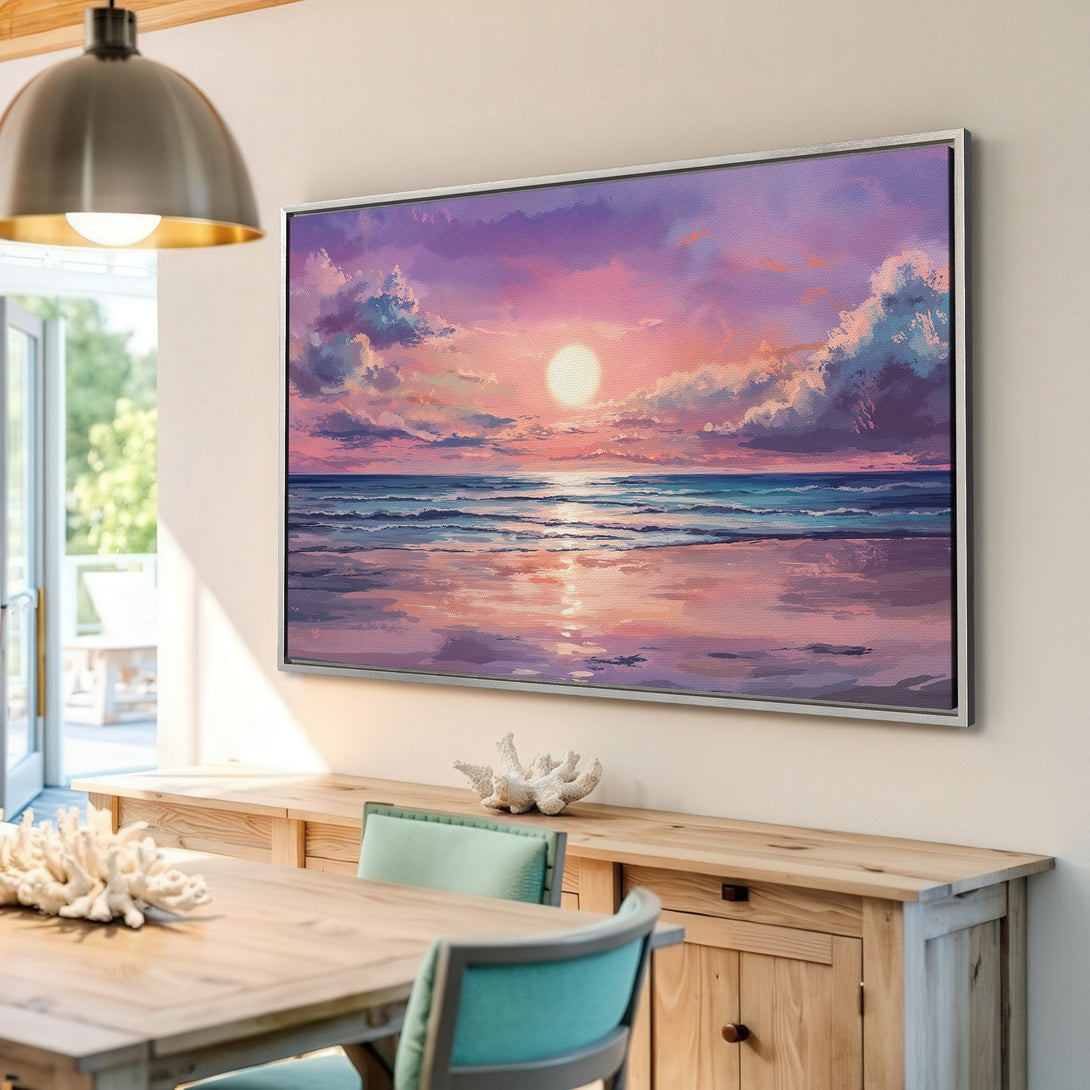 Framed Wall Art: Coastal sunset Canvas Print in a modern interior. Features a vibrant pink and purple color palette, perfect for any room.