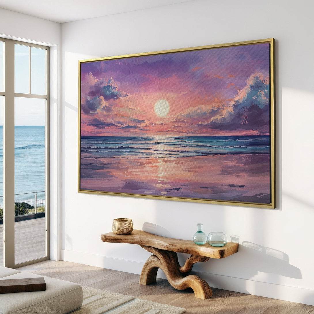 Canvas Print of a sunset seascape in a modern interior. Romantic style with a purple, pink, and blue color palette. Elevate your home decor!