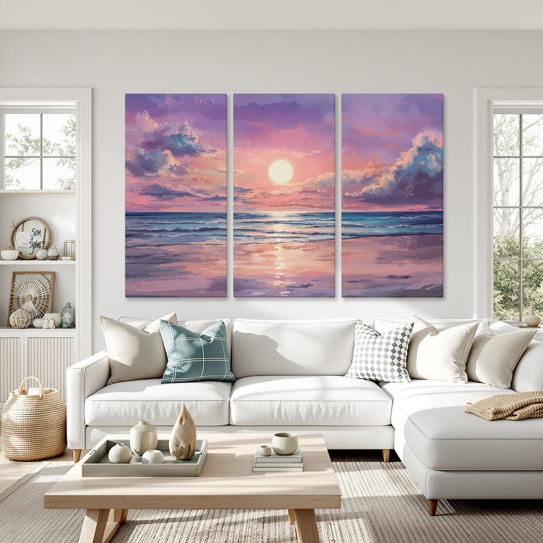 Canvas Print of a sunset beach scene in a modern interior. Features a dreamy, painterly style with a pink, purple, and blue color palette.
