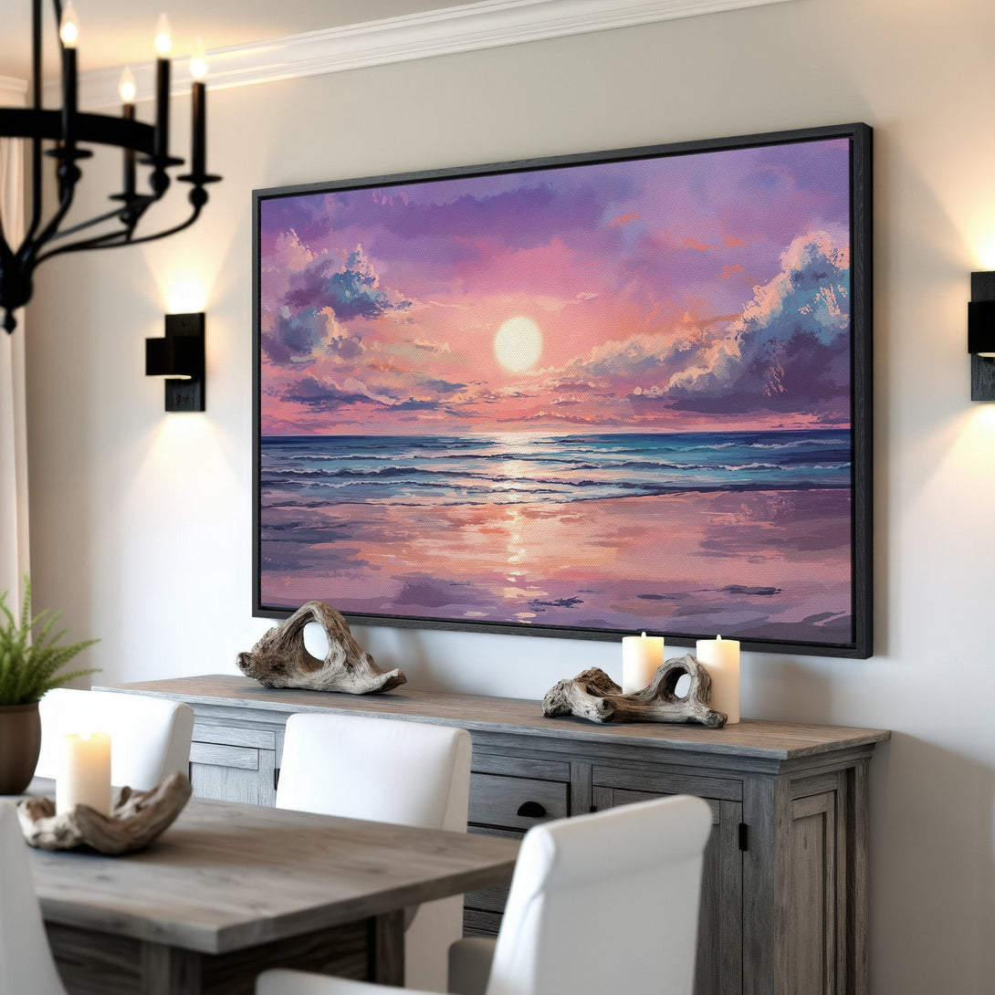 Framed Wall Art: Sunset over the ocean canvas print in a dining room. Features a vibrant purple, pink, and blue color palette. Perfect home decor.