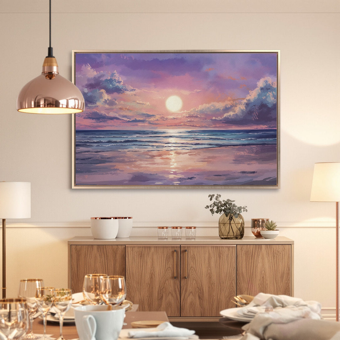 Framed Wall Art: Sunset beach scene in purple, pink, and blue hues. Coastal art print for a calming living room or bedroom. Enhance your decor!