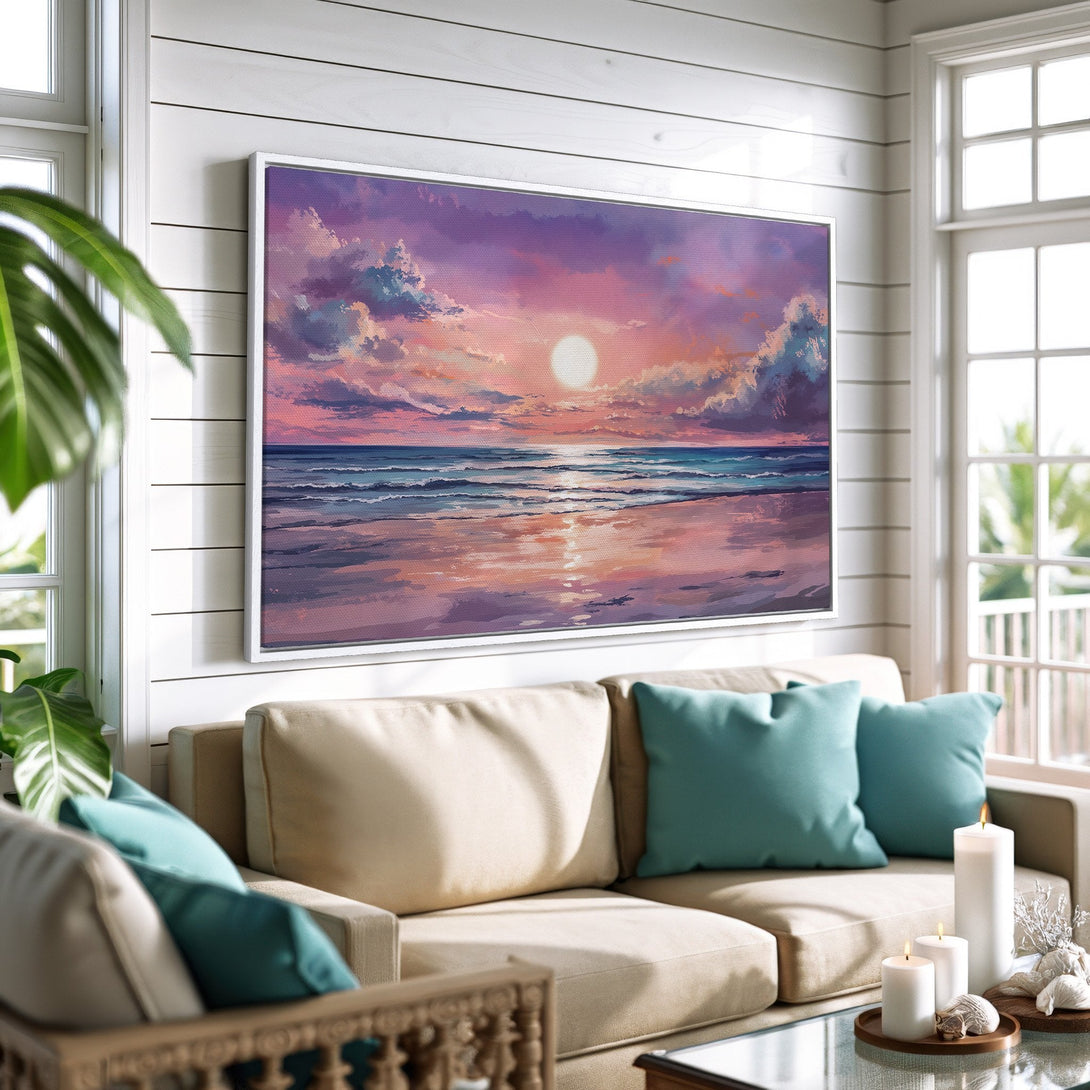 Framed Wall Art: Ocean sunset canvas print in a coastal living room. Features a vibrant purple, pink, and blue color palette, perfect for adding a touch of serenity.