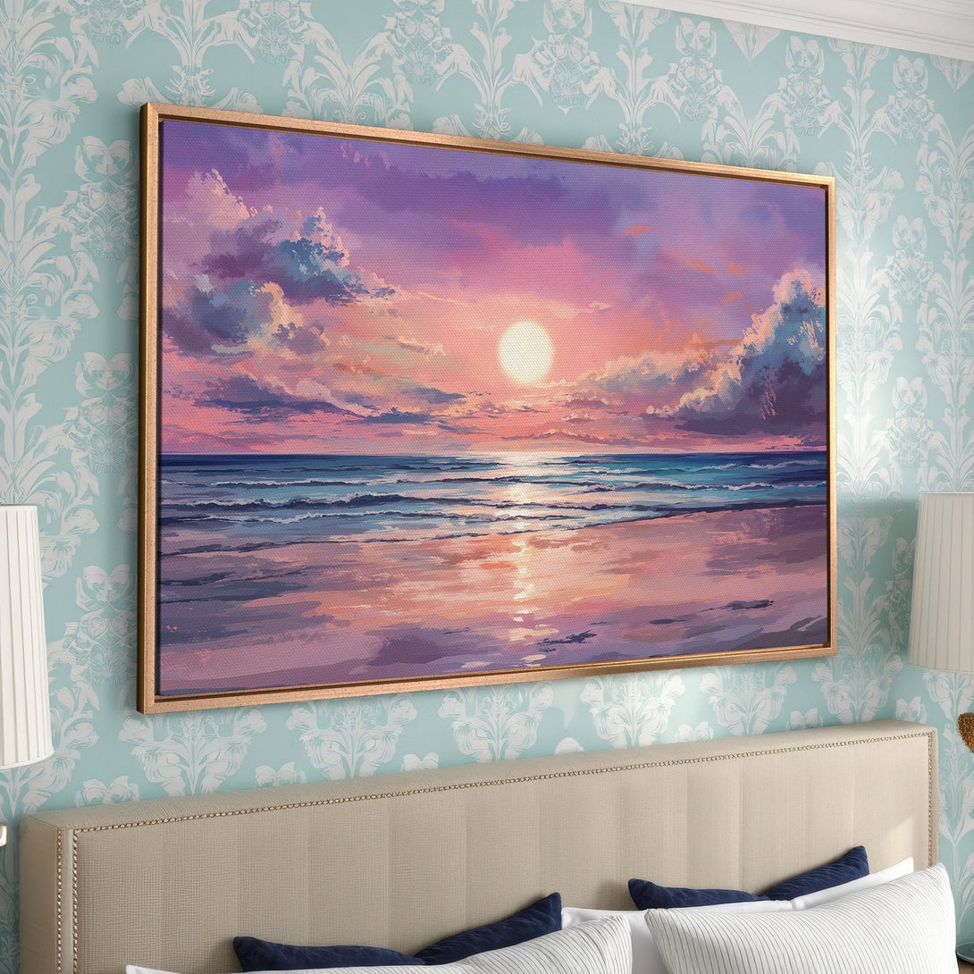 Framed Wall Art: Sunset beach scene in vibrant pink and purple hues. Coastal art canvas print adds a serene touch to any bedroom decor.
