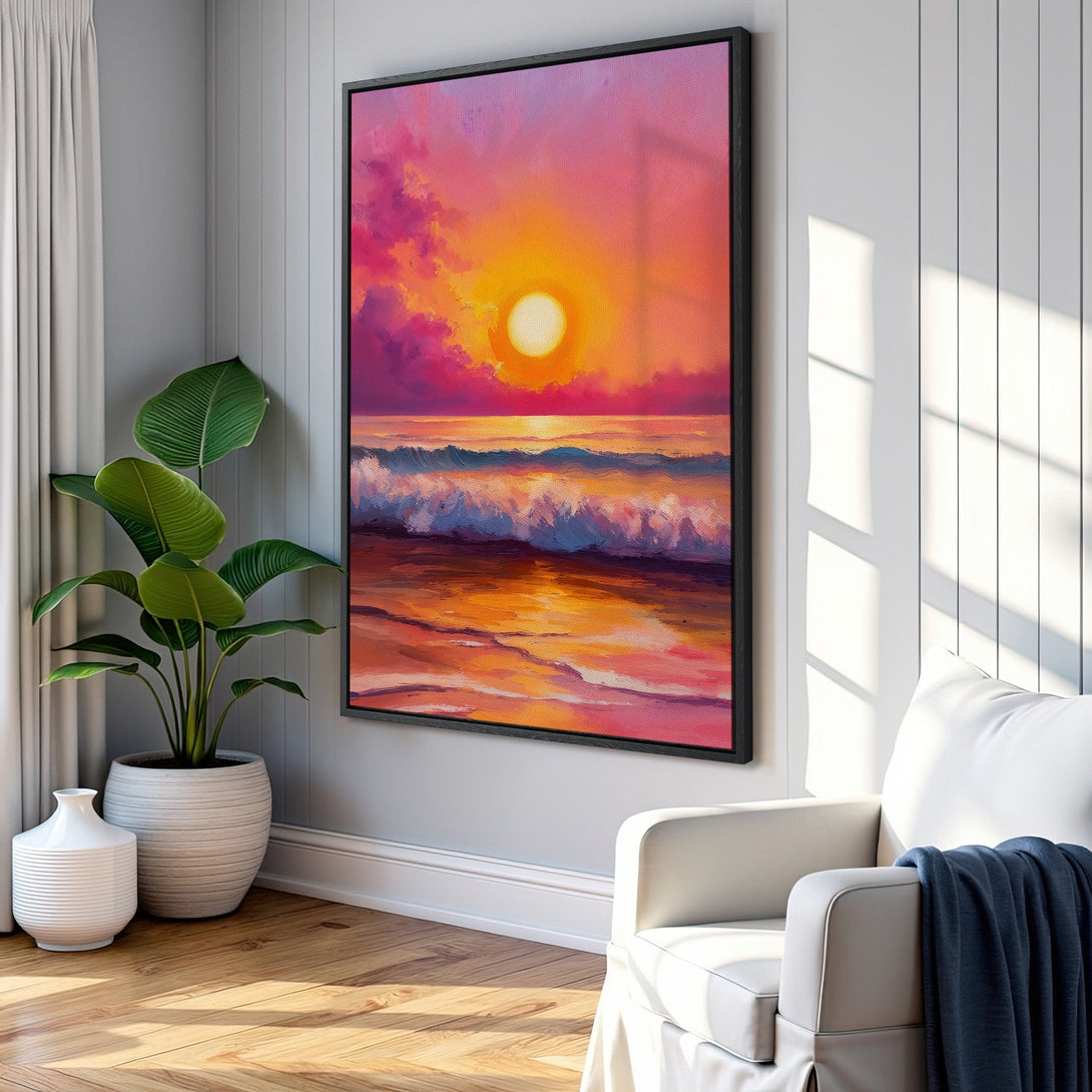 Framed Wall Art: Sunset over the ocean Canvas Print. Warm, vibrant colors of orange, pink, and purple create a stunning coastal landscape. Perfect home decor.