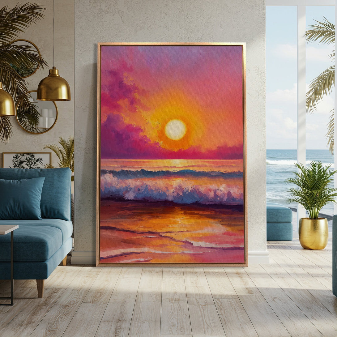 Framed Wall Art of a vibrant sunset over the ocean. Warm orange, pink, and purple hues create a stunning coastal landscape. Perfect for adding a touch of paradise to your home!