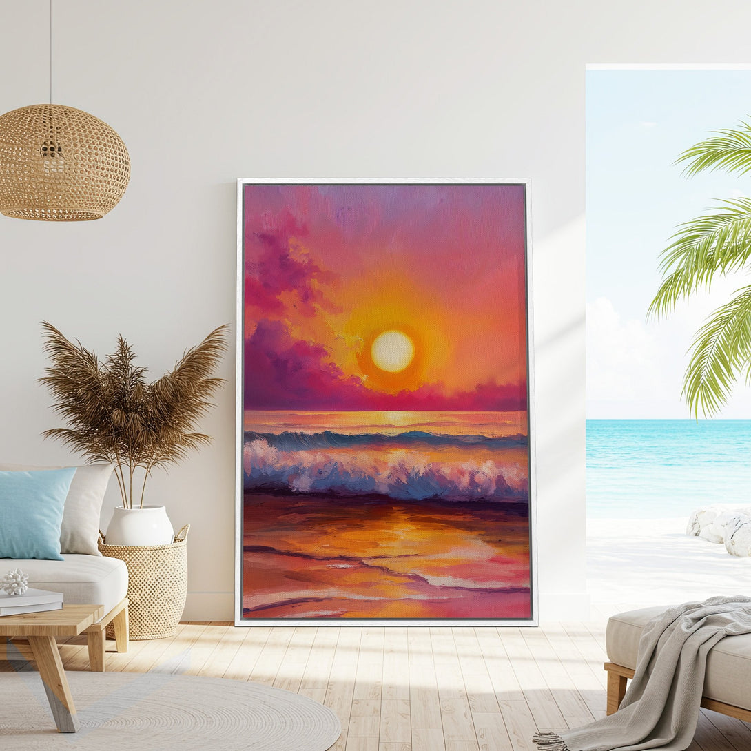 Framed Wall Art: Sunset ocean painting in warm orange and pink hues. Coastal art style perfect for living room decor.