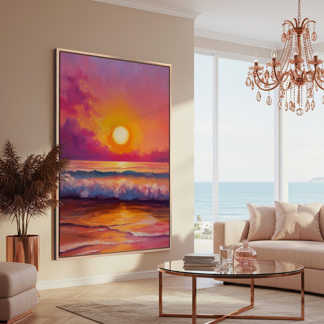 Framed Wall Art: Sunset over ocean canvas print in warm, vibrant colors. Perfect coastal decor with a modern, artistic style.
