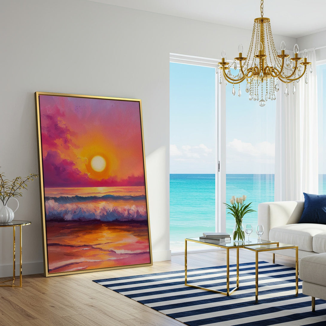 Canvas Print of a vibrant sunset over the ocean. Warm orange, pink, and purple hues create a calming, artistic vibe for any living space.