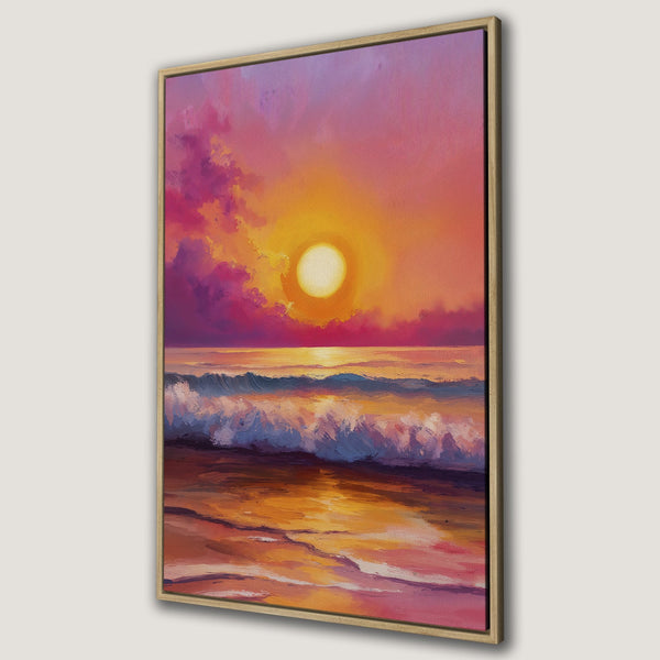 Framed Wall Art Canvas Print of a vibrant sunset over the ocean. Warm orange, pink, and purple hues create a stunning, impressionistic seascape. Perfect wall decor.