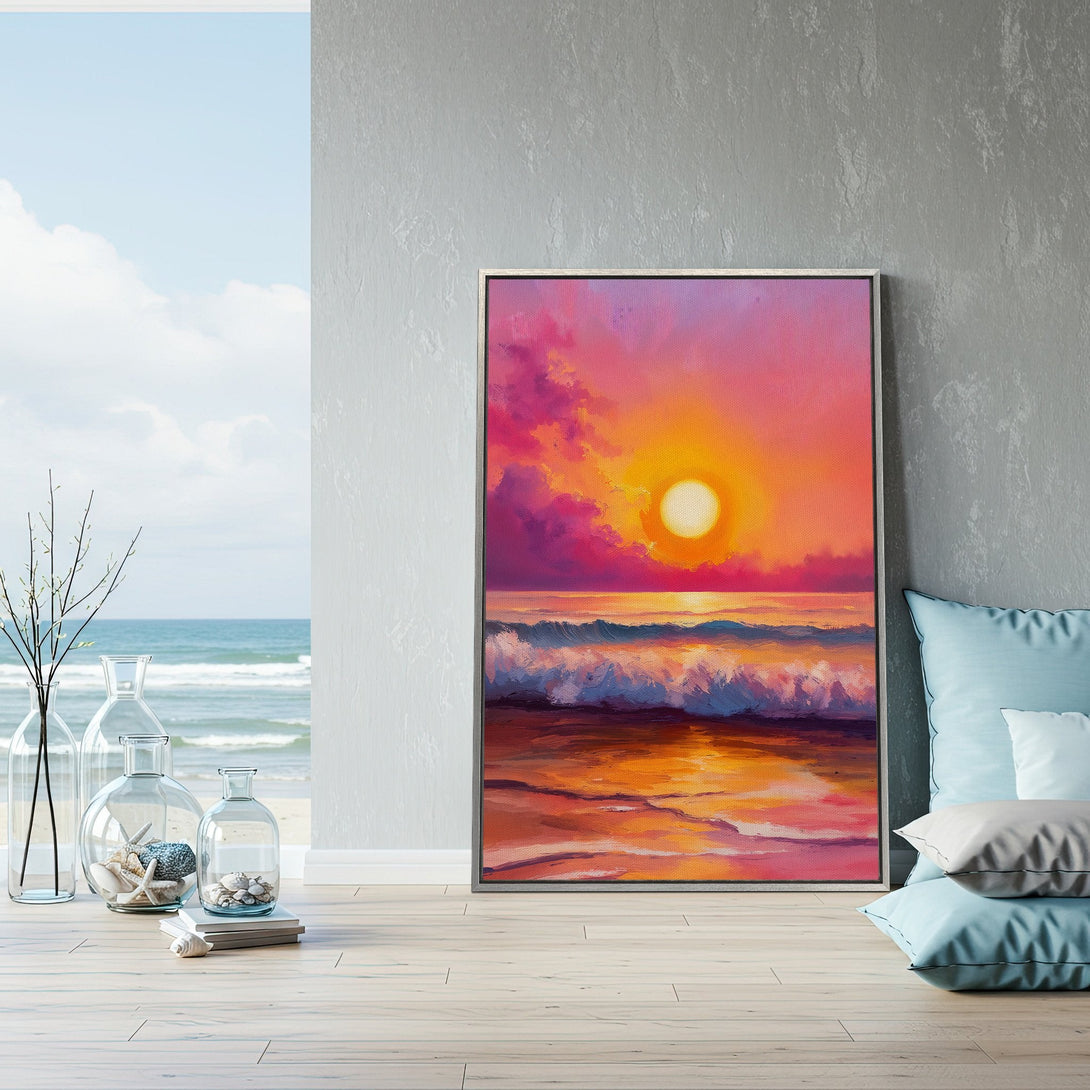 Framed Wall Art: Sunset over ocean. Vibrant canvas print with warm orange, pink, and blue hues. Perfect for coastal decor & adding a pop of color.