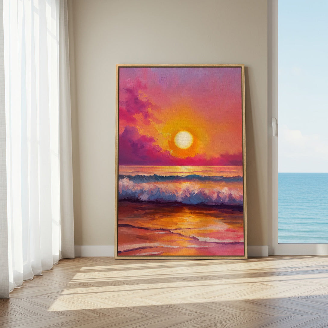 Framed Wall Art featuring a vibrant sunset over the ocean. Impressionistic style with a warm, colorful palette of pinks, oranges, and blues. Perfect for coastal decor!