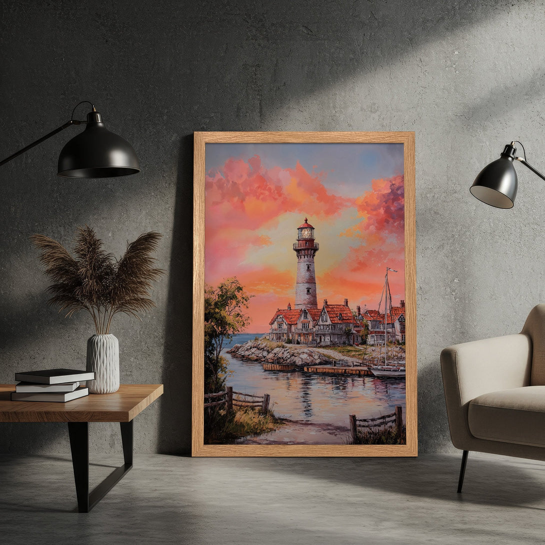 Framed Poster of a lighthouse painting with warm sunset colors. Coastal art print in a wooden frame. Enhance your home decor with this beautiful poster.