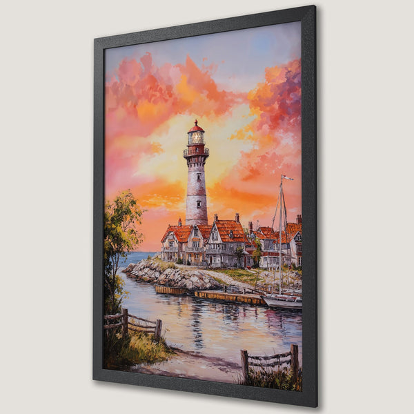 Framed Poster featuring a lighthouse at sunset. Coastal art print in warm orange and red hues. Perfect wall decor.