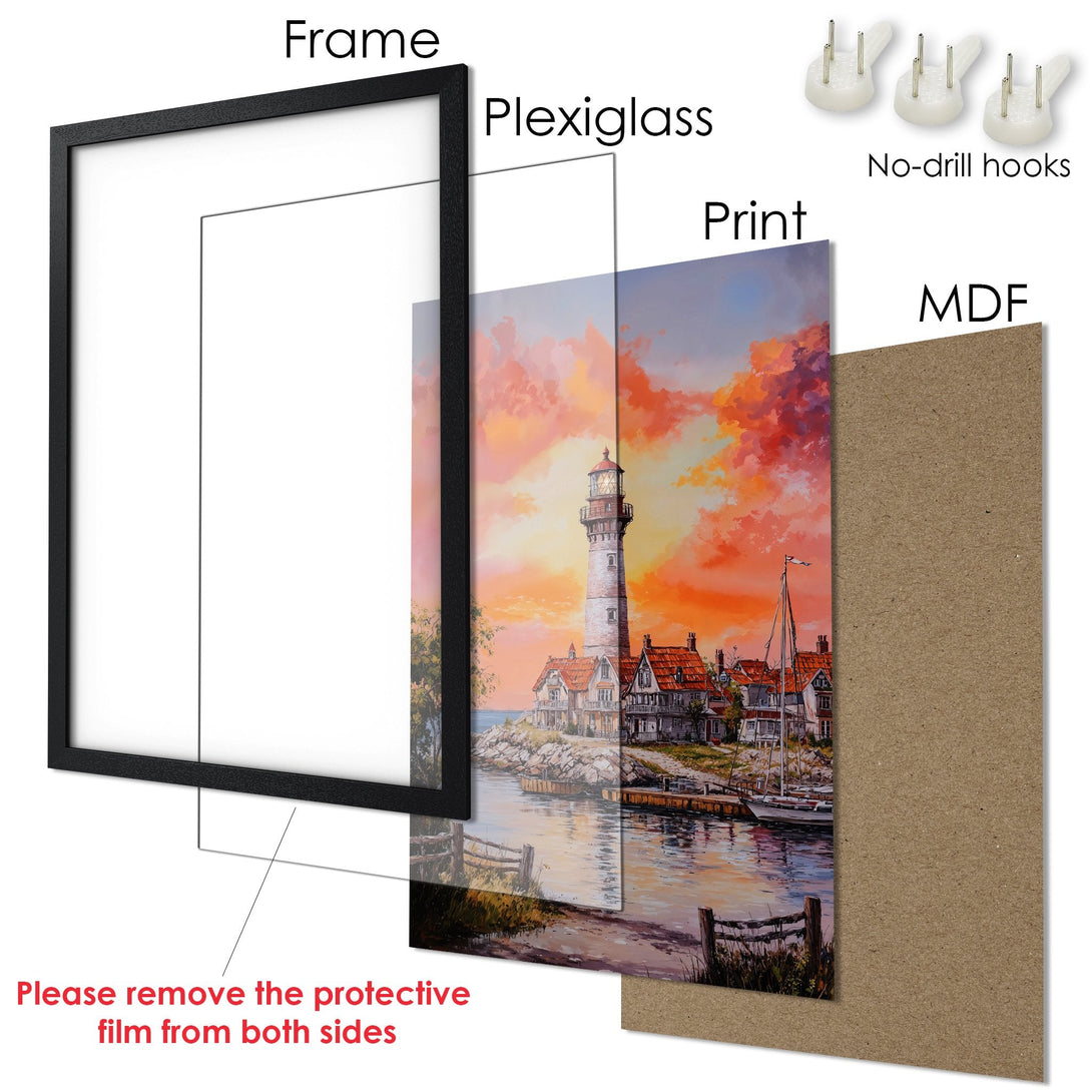 Framed Poster of a lighthouse landscape, in a vibrant, impressionistic style with a warm color palette. Ready to hang!