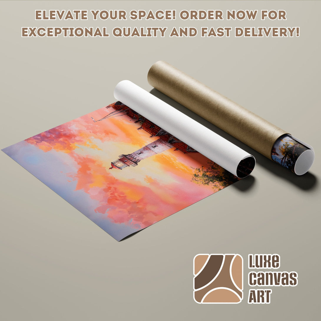 Poster Roll featuring a lighthouse at sunset, vibrant colors, ready to elevate your space.