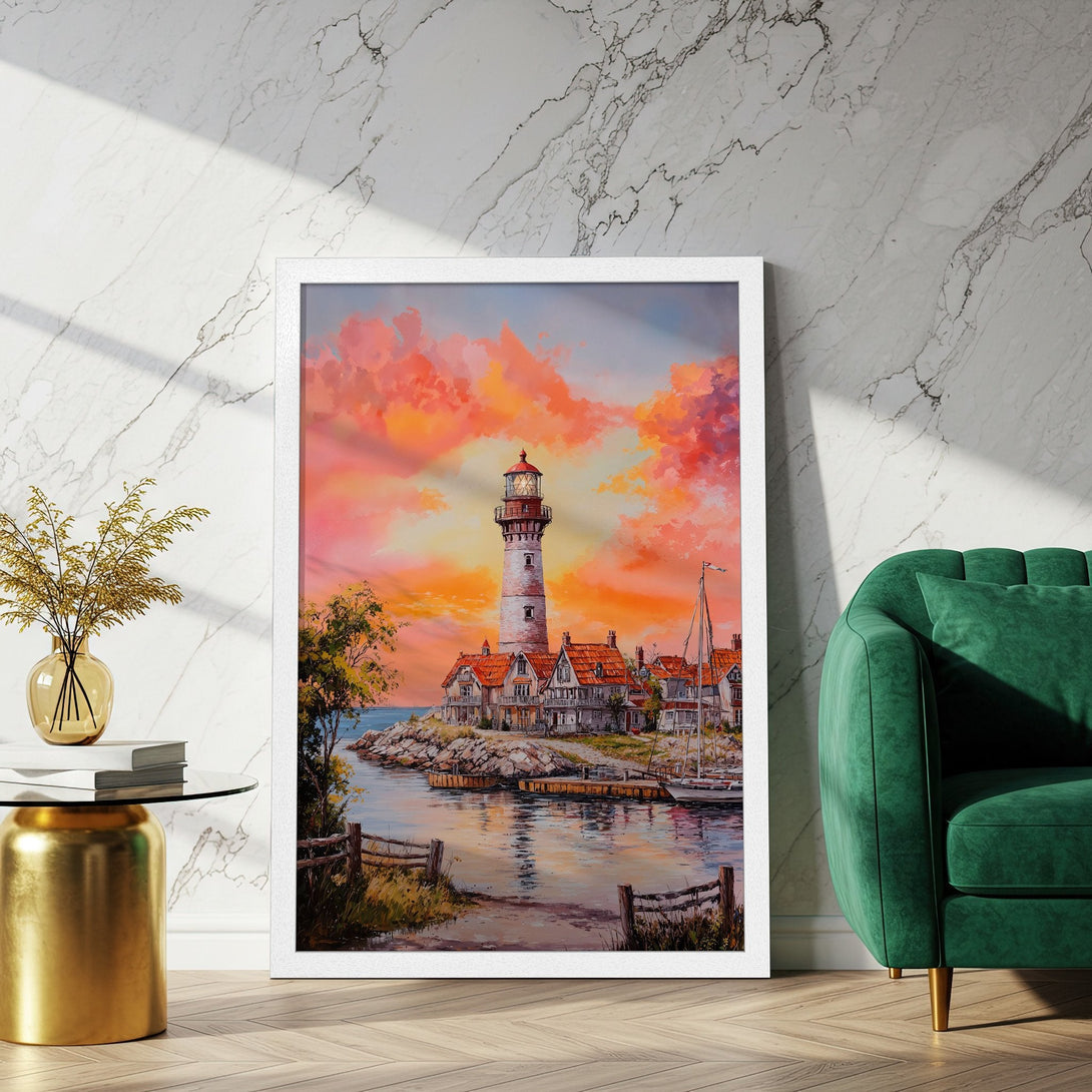 Framed Poster of a lighthouse landscape painting in a vibrant sunset color palette. Perfect wall art for a coastal vibe.