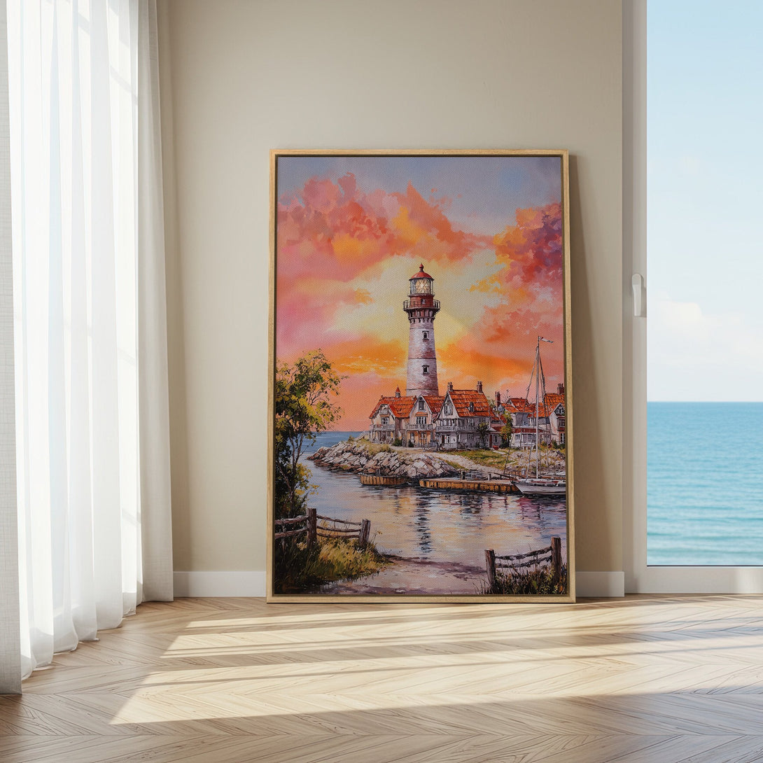 Framed Wall Art: Lighthouse painting with vibrant sunset colors. Coastal artwork adds warmth and style to any space. Perfect for living rooms.