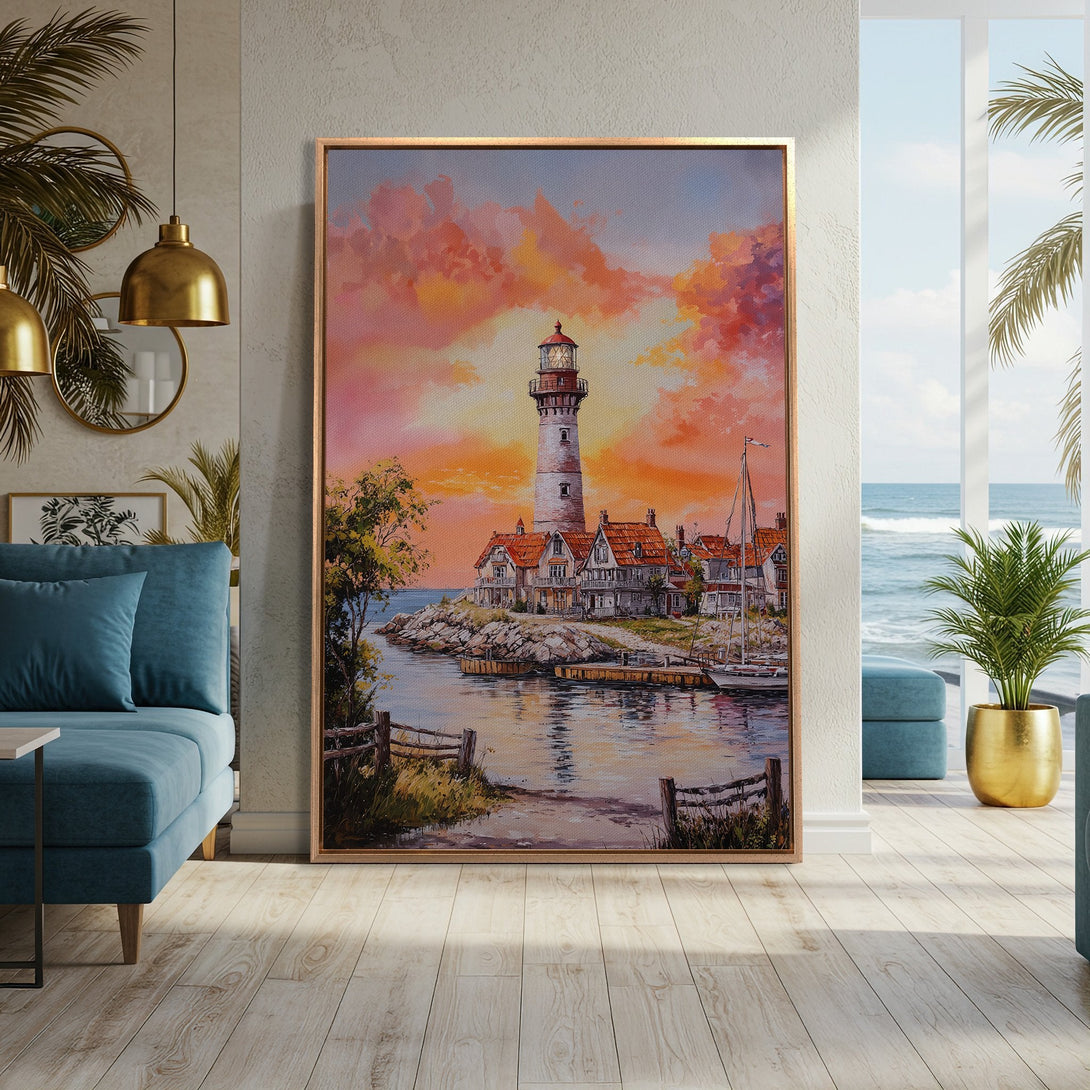 Framed Wall Art: Lighthouse painting with sunset colors. Coastal landscape art in warm orange, red, and blue hues. Perfect for living room decor.