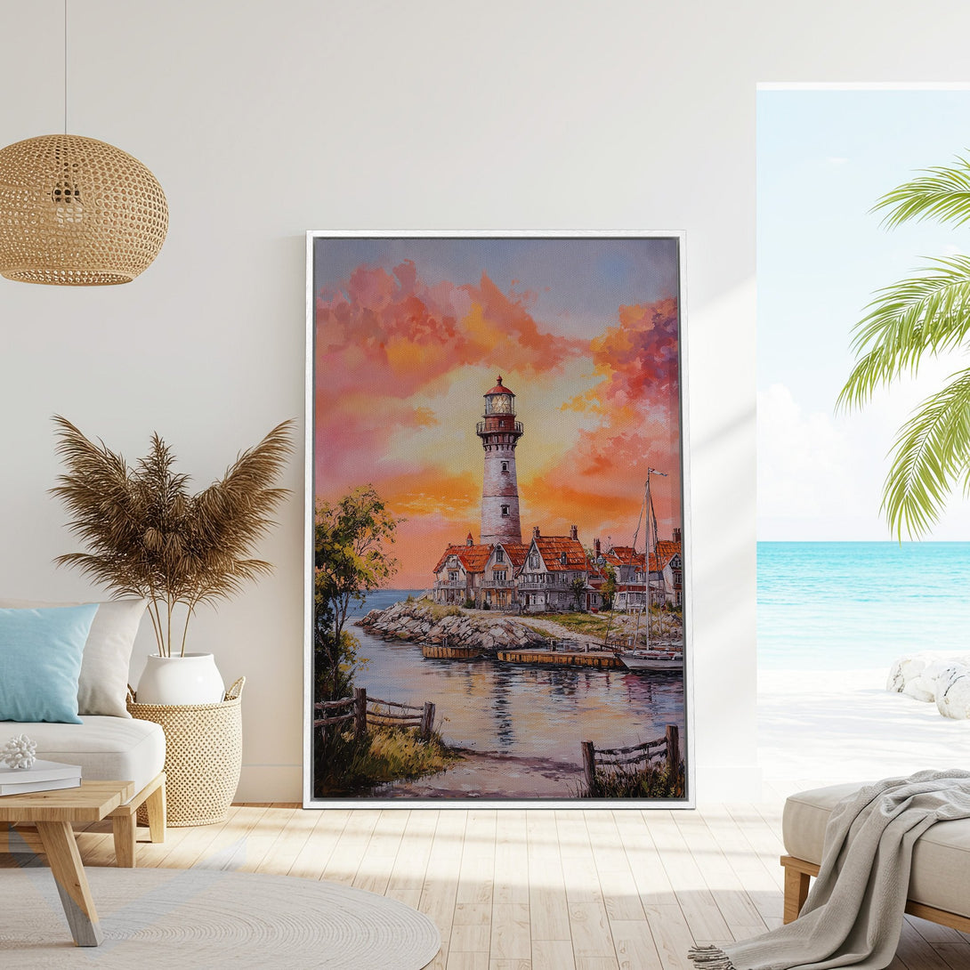 Framed Wall Art featuring a lighthouse painting with warm sunset hues. Coastal style art for a relaxing home. Bring the beach vibes inside!