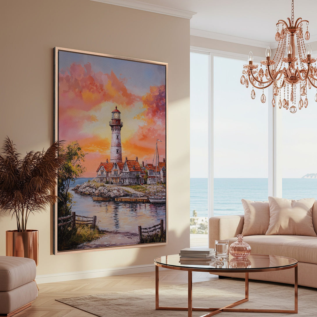 Framed Wall Art: Lighthouse painting with warm sunset colors. Coastal landscape canvas print adds a touch of elegance to any living room.