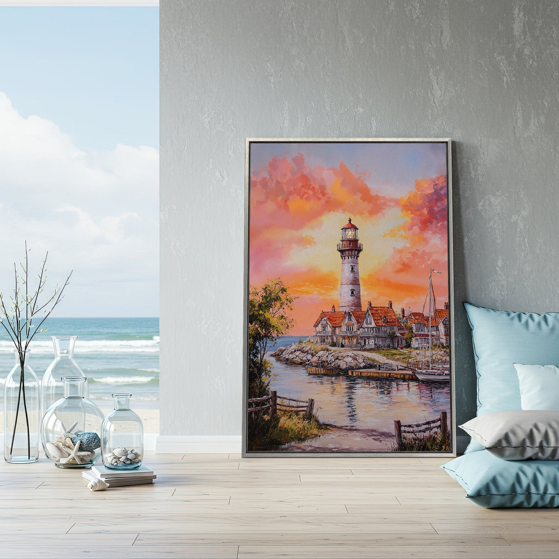 Framed Wall Art: Coastal lighthouse painting with warm sunset hues. Add a touch of serenity to your space with this beautiful canvas print.
