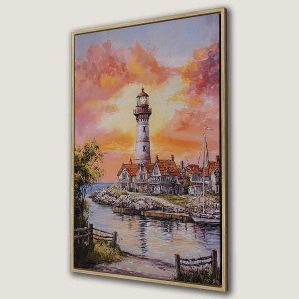 Framed Wall Art: Lighthouse painting with warm sunset hues. Coastal scene canvas print in orange, pink, and blue. Perfect for adding a touch of serenity.