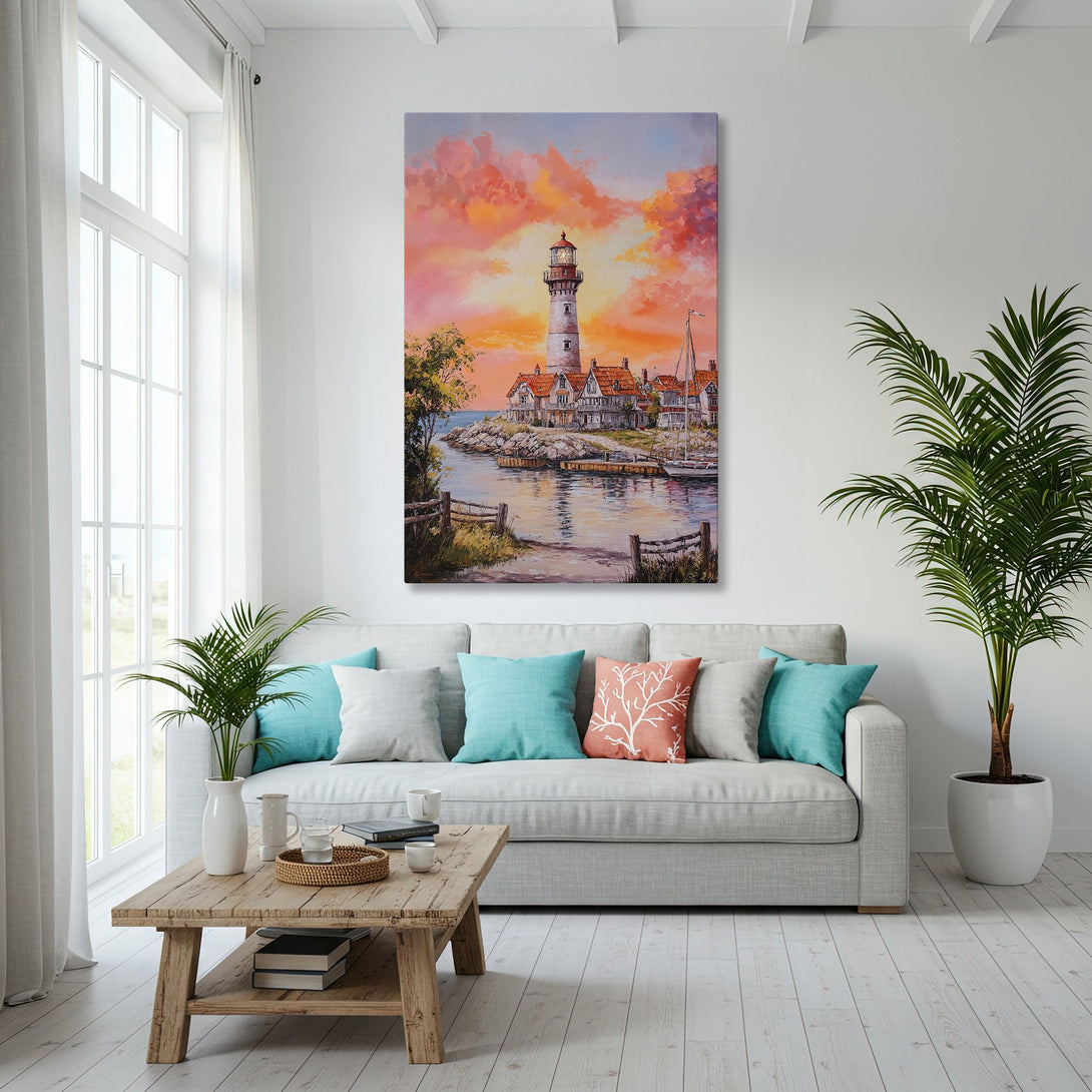 Framed Wall Art: Lighthouse painting with warm sunset hues, displayed in a coastal living room. Enhance your space with this beautiful Canvas Print!
