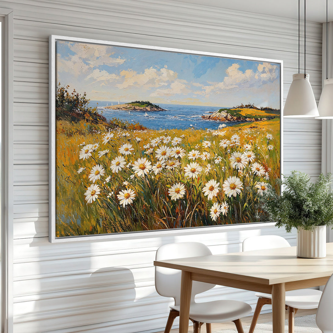 Framed Wall Art: Coastal daisy field painting with blue, yellow, and green hues. Impressionistic style canvas print adds a touch of nature to any room.