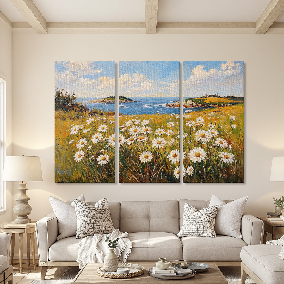 Canvas Print of a coastal daisy field painting. Impressionistic style with blue, yellow, and white color palette. Perfect for adding a touch of nature to your home.