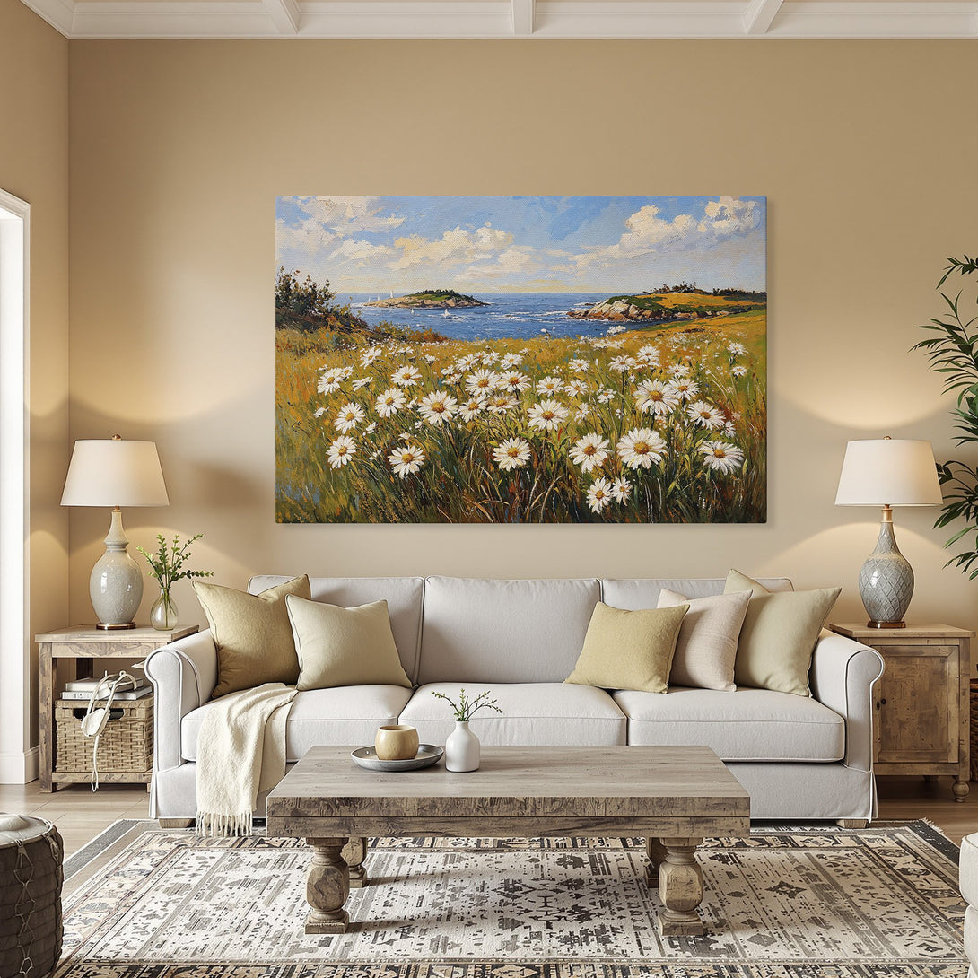 Framed Wall Art: Coastal landscape Canvas Print with daisies, blue sky, and golden frame. Perfect for living rooms. Warm color palette.