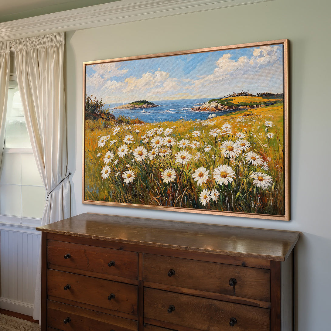 Framed Wall Art: Coastal daisy field painting in a warm color palette. Perfect for adding a touch of nature to your home decor.