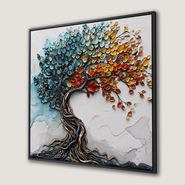 Framed Wall Art: Abstract tree painting with blue, orange, and yellow leaves. Textured art print for modern home decor.