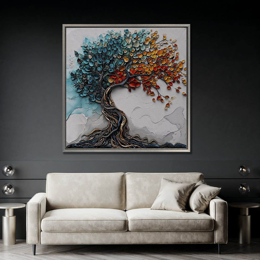 Framed Wall Art: Abstract tree canvas print with blue, orange, and red leaves. Modern art style, perfect for living room decor.