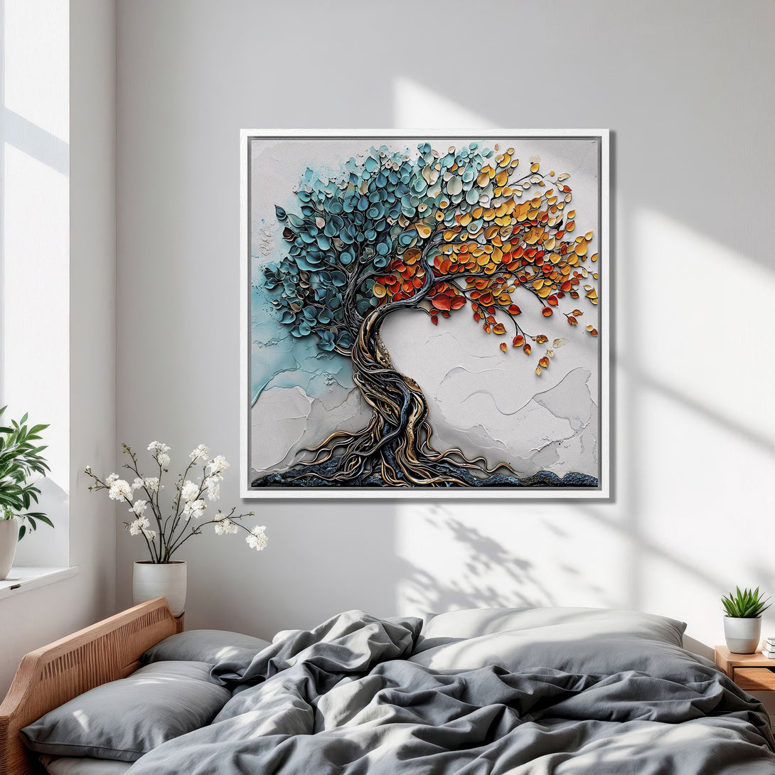 Framed Wall Art: Colorful tree painting in a bedroom. Textured art with blue, orange, and gold hues. Modern decor for a calming space.