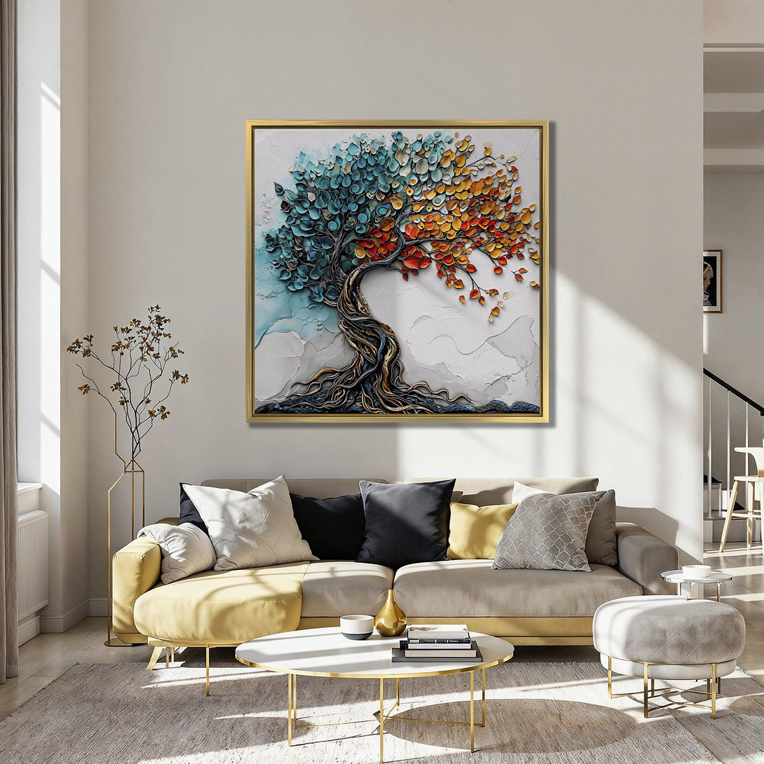 Canvas Print of a vibrant tree artwork in blue, orange, and gold. Modern abstract style, perfect for living room decor.