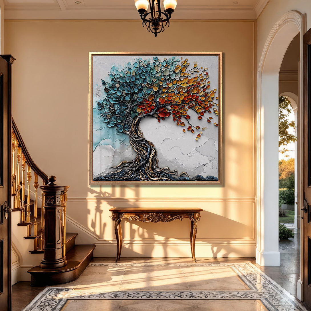 Framed Wall Art featuring a vibrant tree design with blue, orange, and gold leaves. Adds a touch of modern art to any interior space.