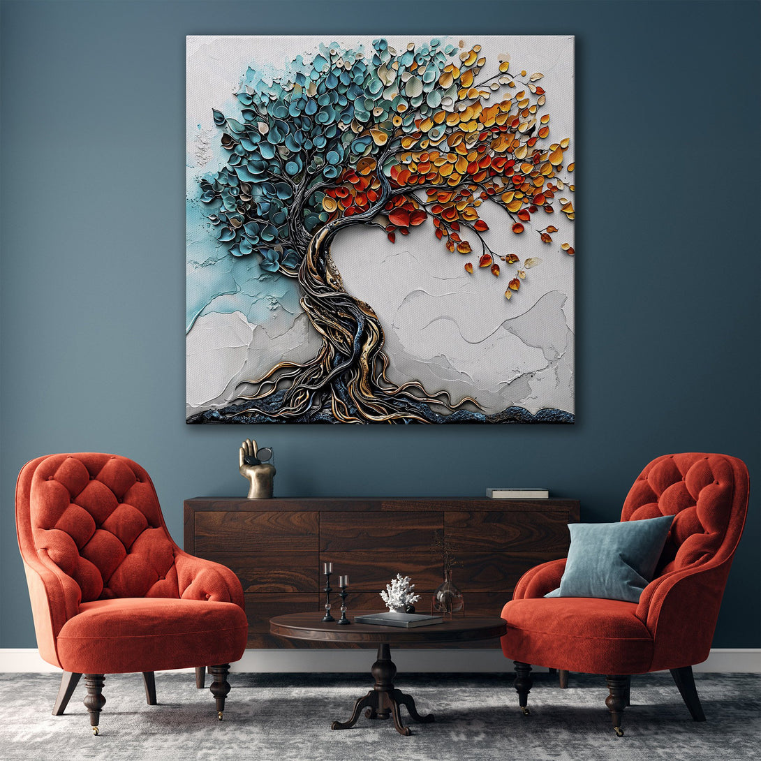 Framed Wall Art featuring a colorful textured tree. Modern art with blue, orange, and white palette, perfect for living room decor.