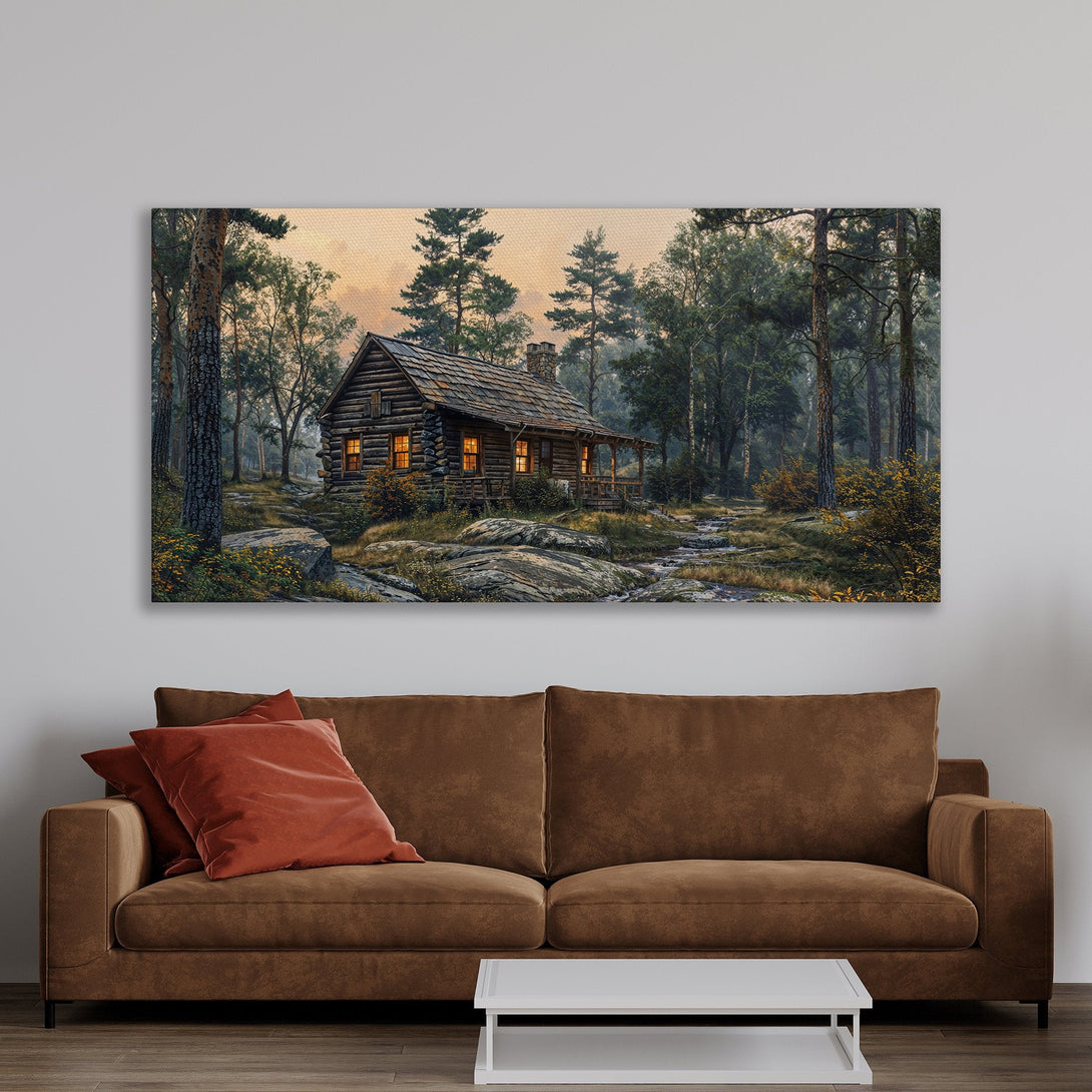 Framed Wall Art: Cozy cabin scene in a forest. Earthy tones of green, brown, and gold create a warm, inviting atmosphere. Perfect for rustic decor!