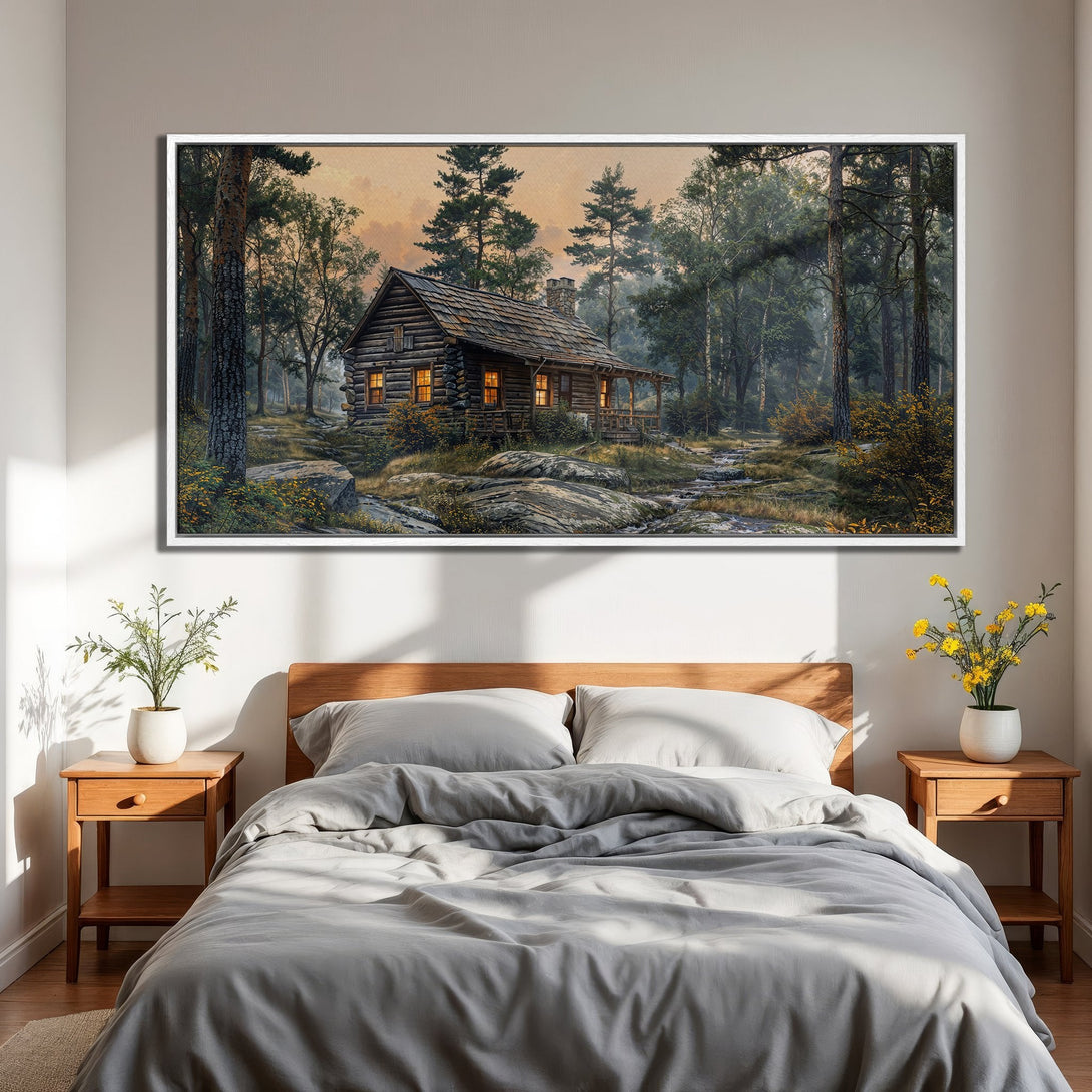 Framed Wall Art: Rustic cabin scene in a forest. Warm, inviting color palette with greens, browns, and golden light. Perfect for cozy home decor.