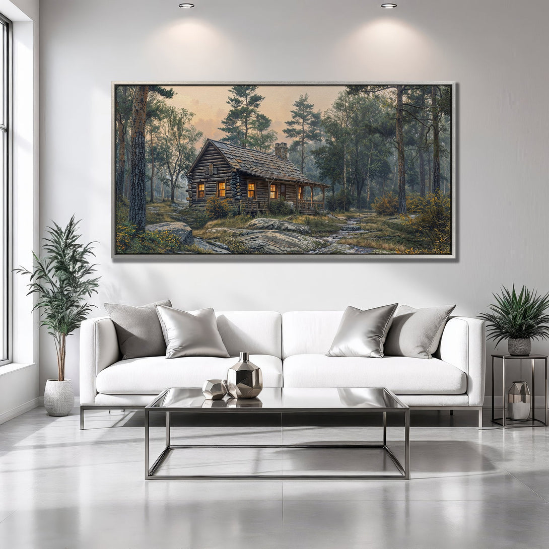 Framed Wall Art of a cozy cabin in the woods. Rustic style with a warm, earthy color palette. Perfect for adding a touch of nature to your home.