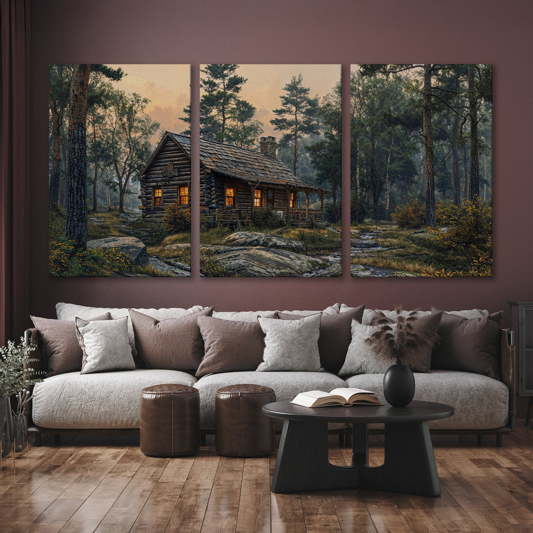 Canvas Print of a cozy cabin in the woods, showcasing a warm, inviting color palette. Rustic art style perfect for any home decor.