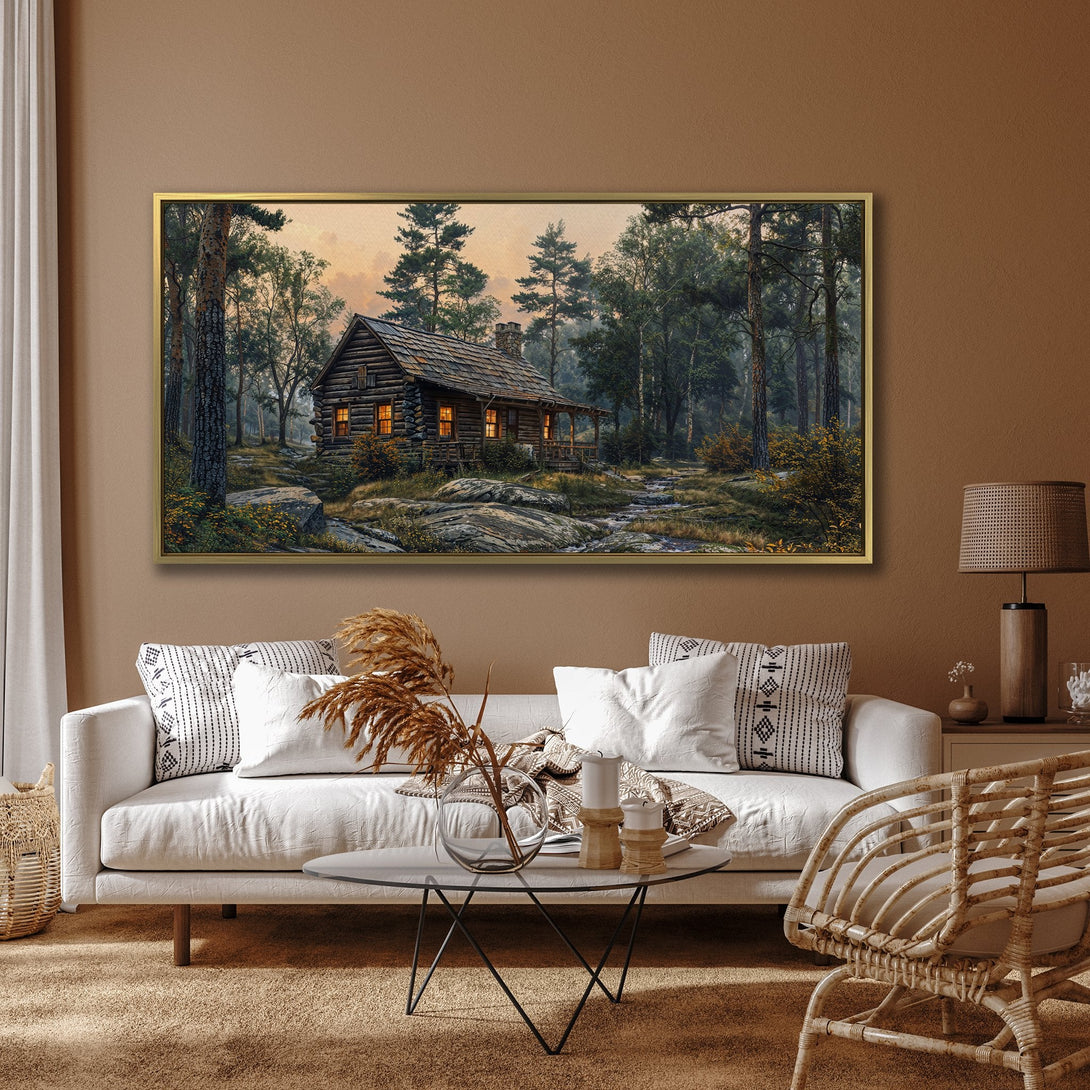 Canvas Print of a cozy cabin in the woods. Rustic landscape art with a warm, earthy color palette. Perfect for adding a touch of nature to your home.