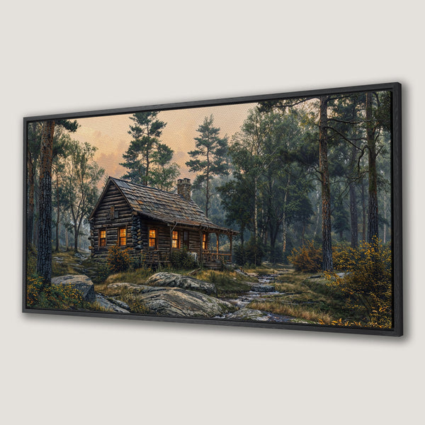 Framed Wall Art: Cozy cabin in a serene forest scene, warm color palette with greens, browns, and orange accents. Perfect for rustic home decor.