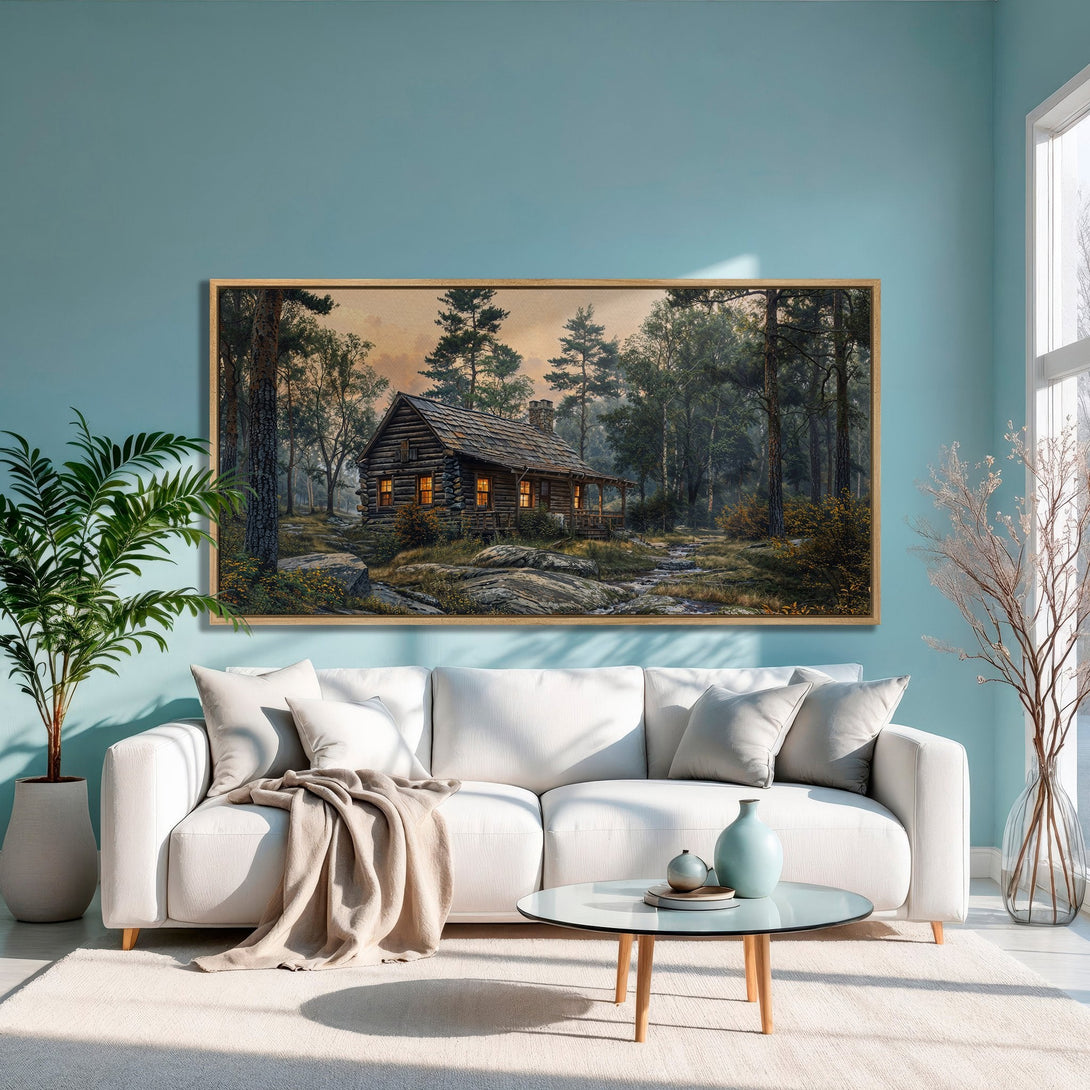 Framed Wall Art: Rustic cabin in a forest scene. Earthy tones of brown, green, and gold create a cozy, inviting atmosphere. Perfect for home decor.