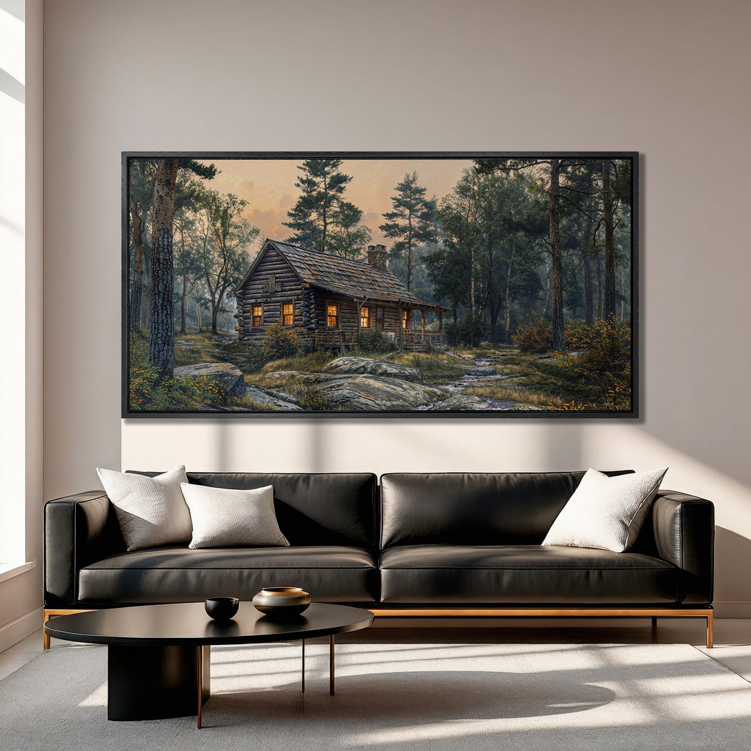 Framed Wall Art: Rustic cabin art print in a forest scene, featuring warm earth tones and a cozy, inviting style. Perfect for home decor.