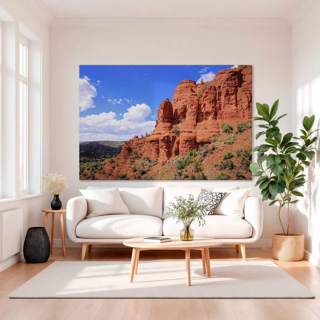 Framed Wall Art Canvas Print of Sedona landscape. Red rock formations against a blue sky. Earthy tones, perfect for home decor.