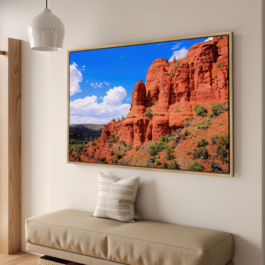Framed Wall Art of Sedona red rock landscape with blue sky. Earthy tones of red, green, and blue create a stunning Canvas Print for your home.