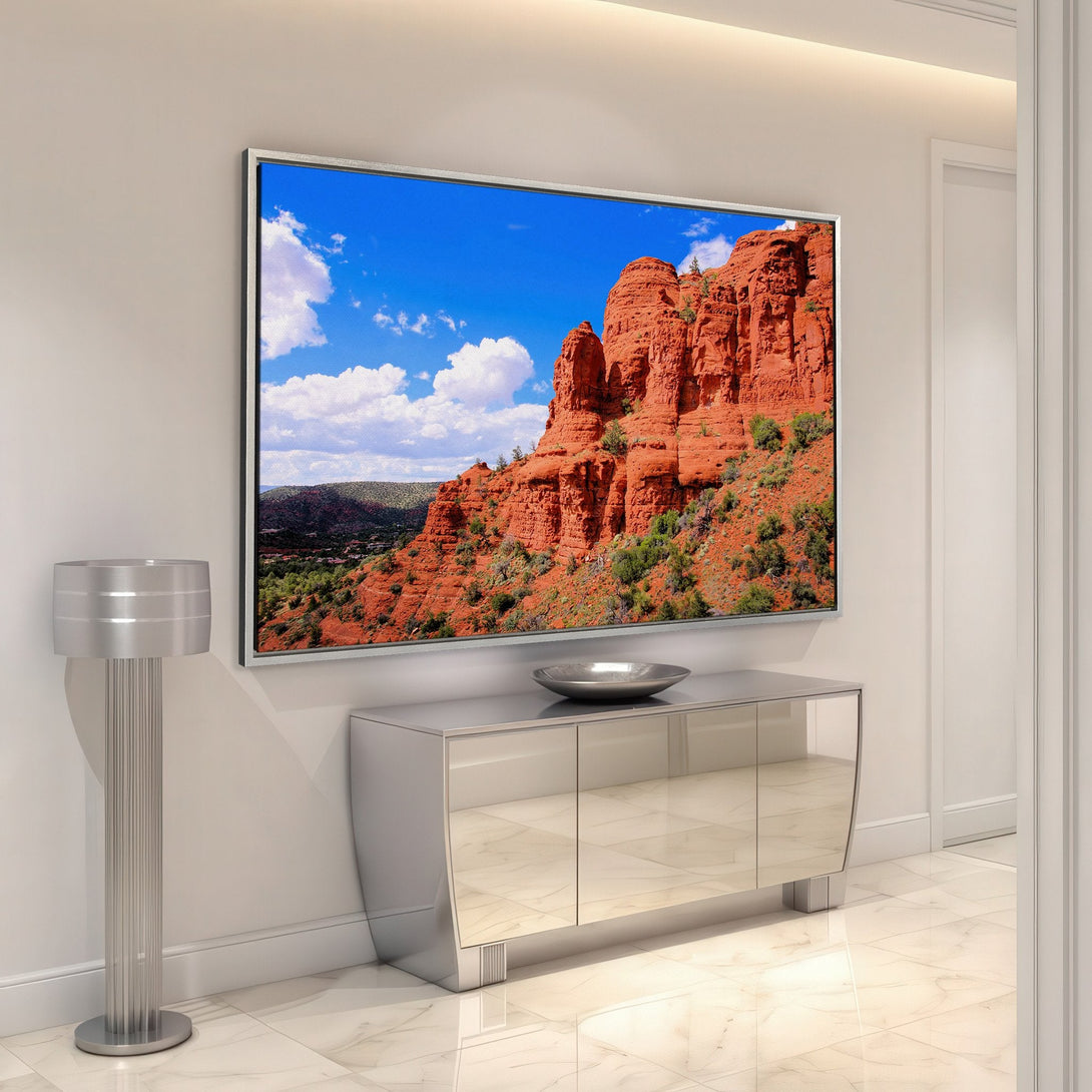 Framed Wall Art of a Southwestern landscape in a modern interior. Red rock formations against a blue sky, warm color palette. Add a touch of nature to your home!