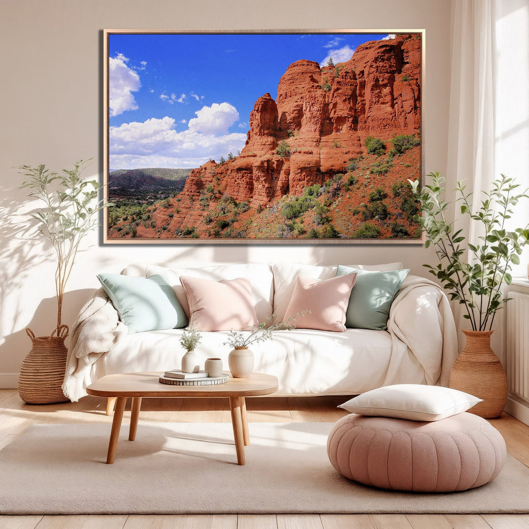 Framed Wall Art: Red rock landscape Canvas Print. Southwestern style art with blue sky and warm earth tones. Perfect for living room decor.